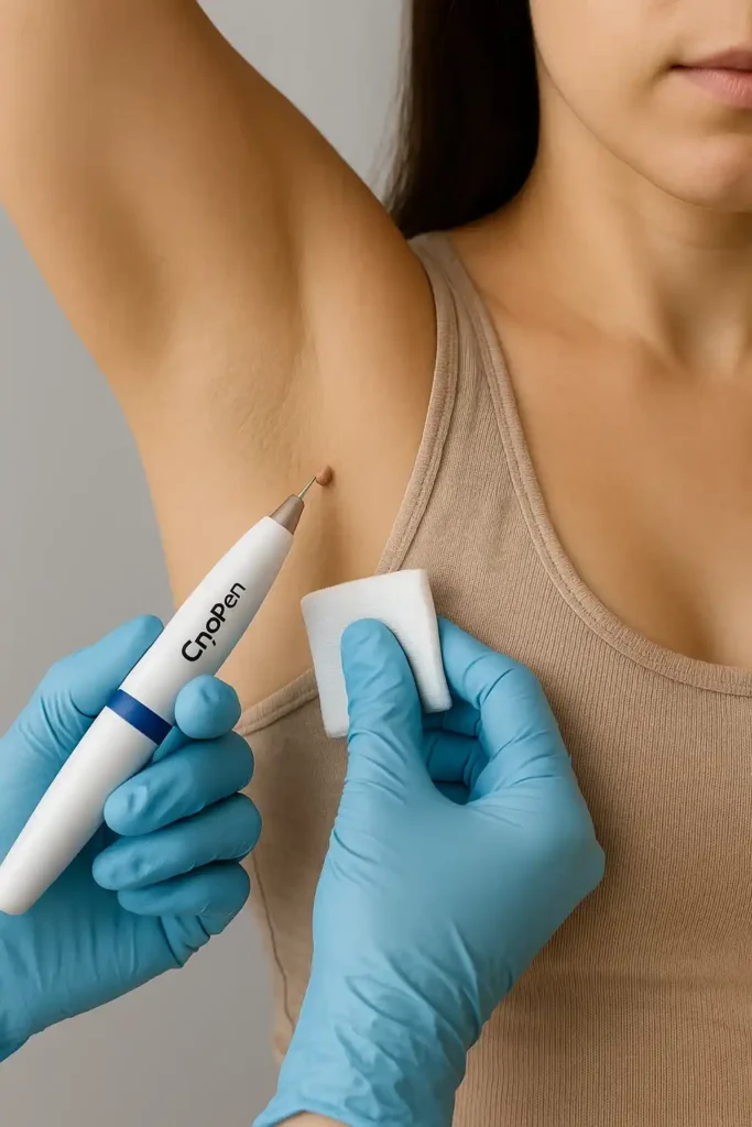 woman having cryopen to remove underarm skin tags West Barnes