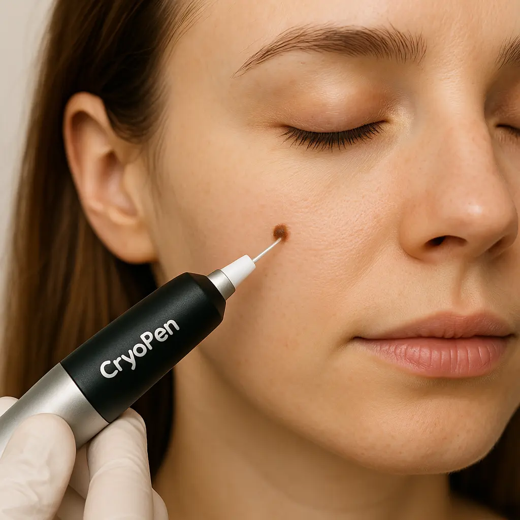 woman receiving facial mole removal West Barnes using cryopen